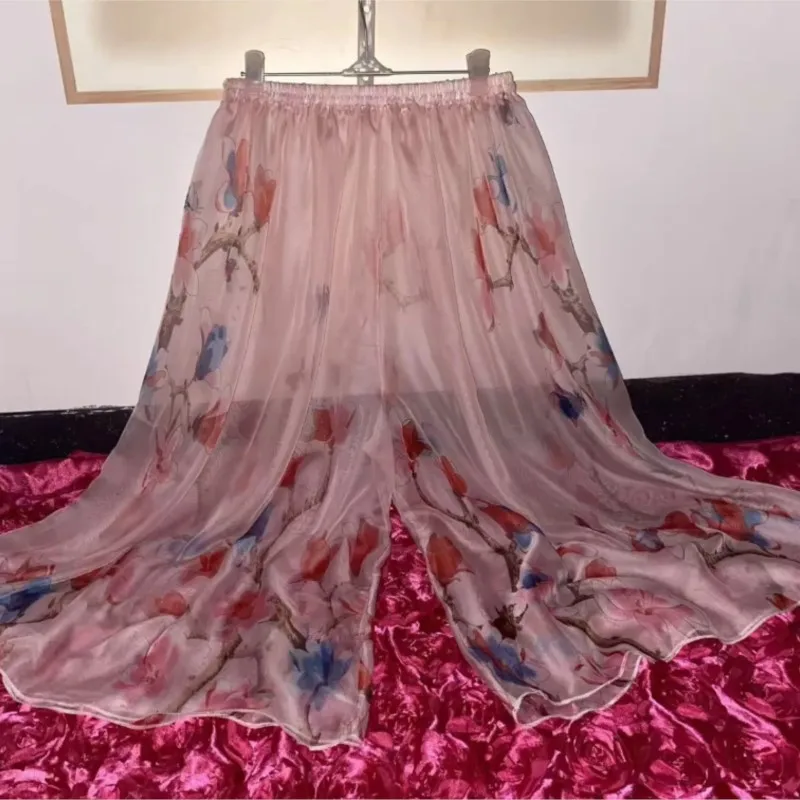 Sexy Silky Scarf Printing Loose Big Swing Culotte Casual Soft Elastic Waistband Pants Ultra-Thin Perspective Couple BF Gift