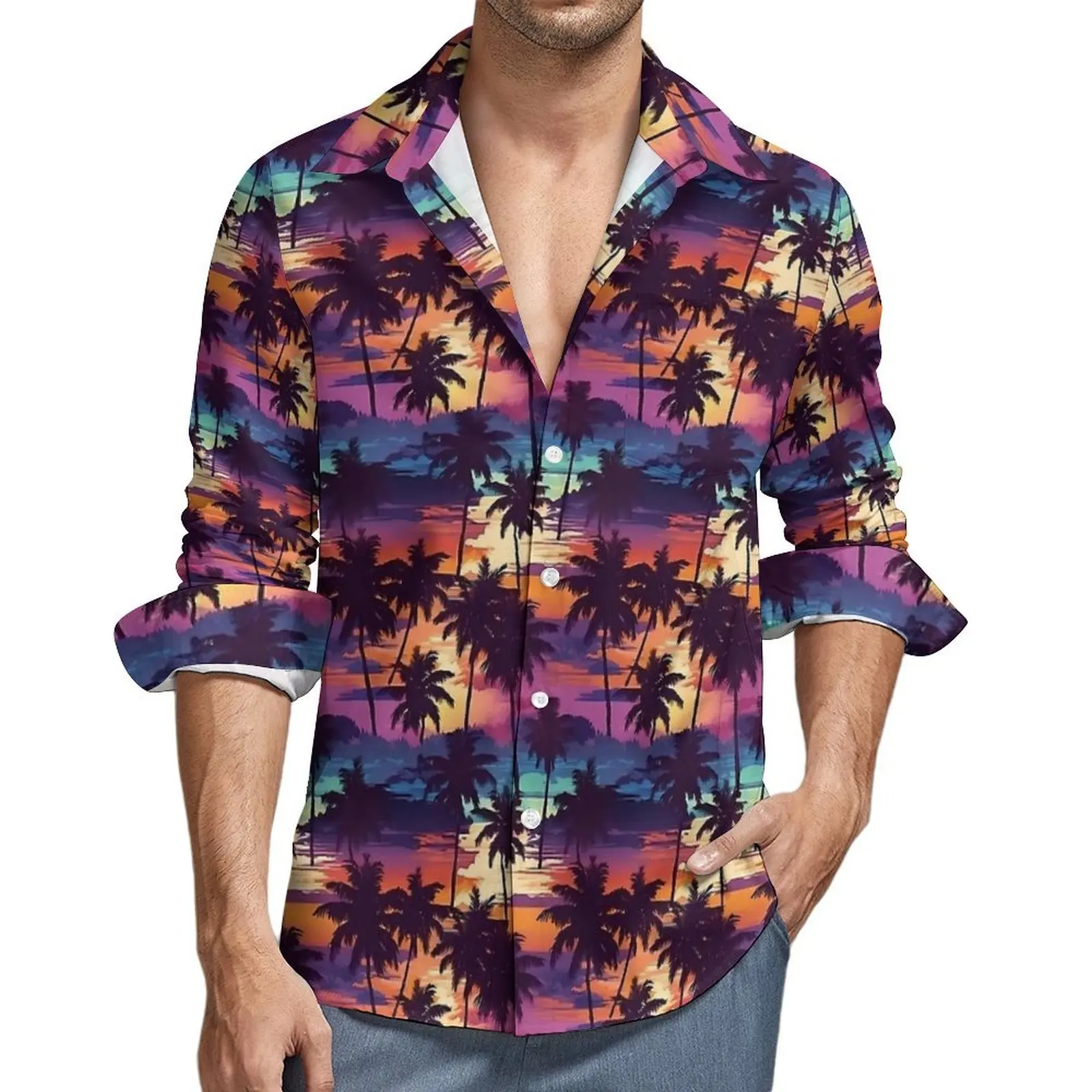 

Hawaiian Sunset Palm Trees Casual Shirt Men Streetwear Shirt Spring Classic Blouse Long Sleeve Pattern Oversize Clothing