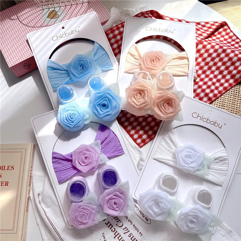 

Милые детские носки + повязки на голову, набор нескользящих носков, кружевная повязка для волос с цветком для новорожденных