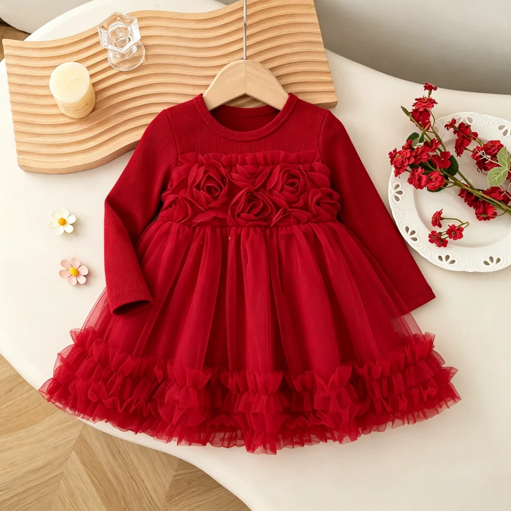 Baby Dress Spring And Autumn Mesh Flower Long Sleeve Cute Girl Dress Casual Princess Birthday Party Children's Dress Baby Girl C