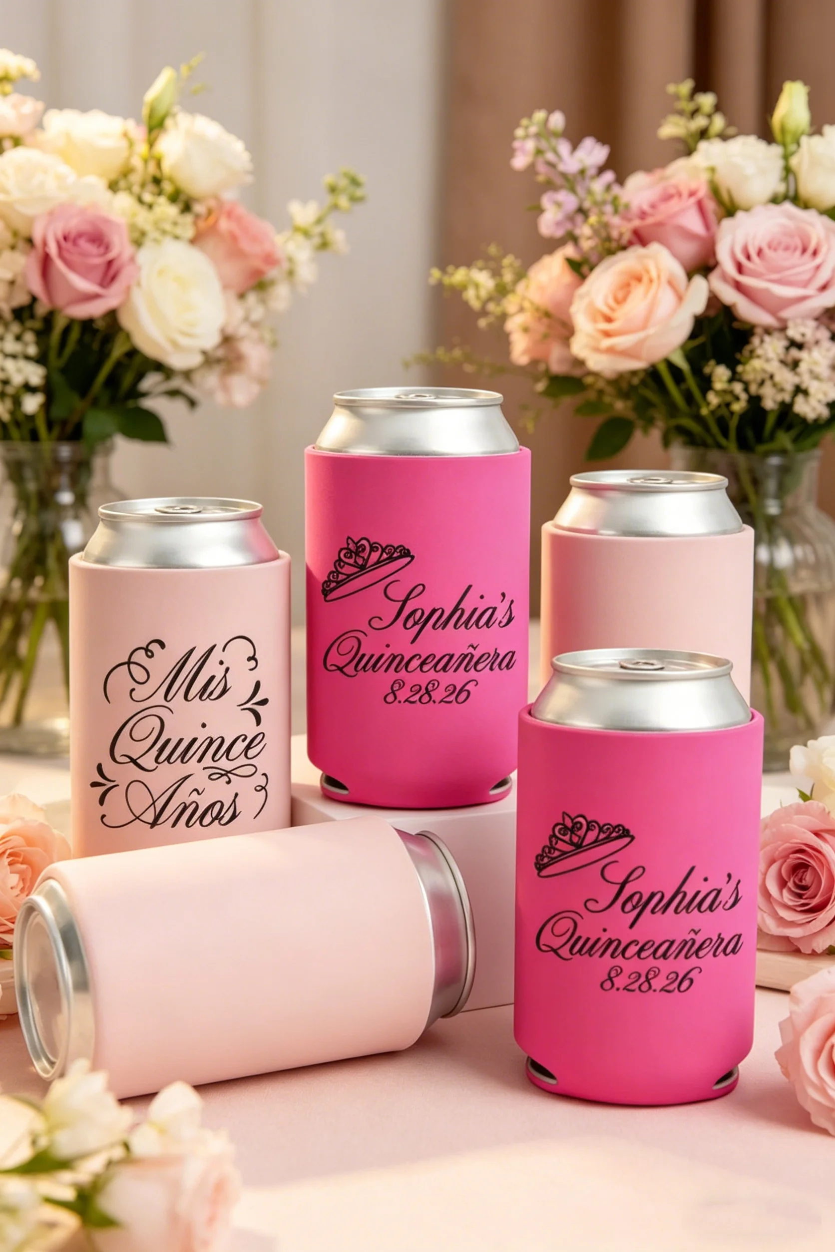10/20/30 piezas Enfriadores de latas delgadas y regulares personalizados para Quinceañera, Koozie de cerveza de neopreno aislado personalizado, Mis Quince Años 15 años