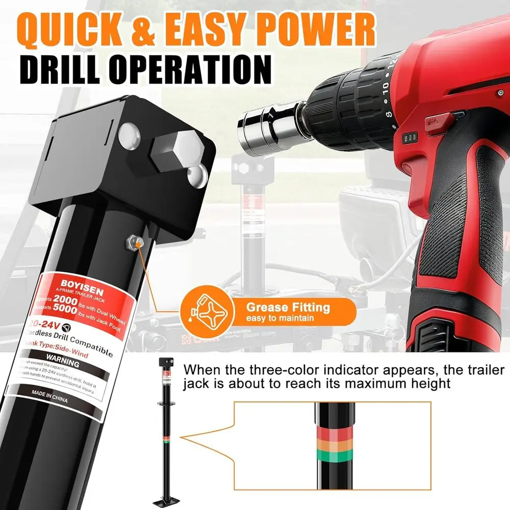 Upgraded 2-in-1 A-Frame Trailer Jack, Switch Between 5000lbs Foot Plate & 2000 lbs Dual-Wheel, 20-24V Cordless Drill Compatible,