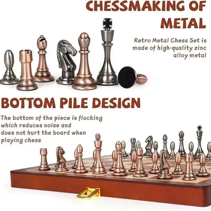 

Международные шахматы из цинкового сплава, металлические шахматные фигуры, 29 см/11,42 дюйма, высококачественная складная настольная игра из массива дерева, развлечения