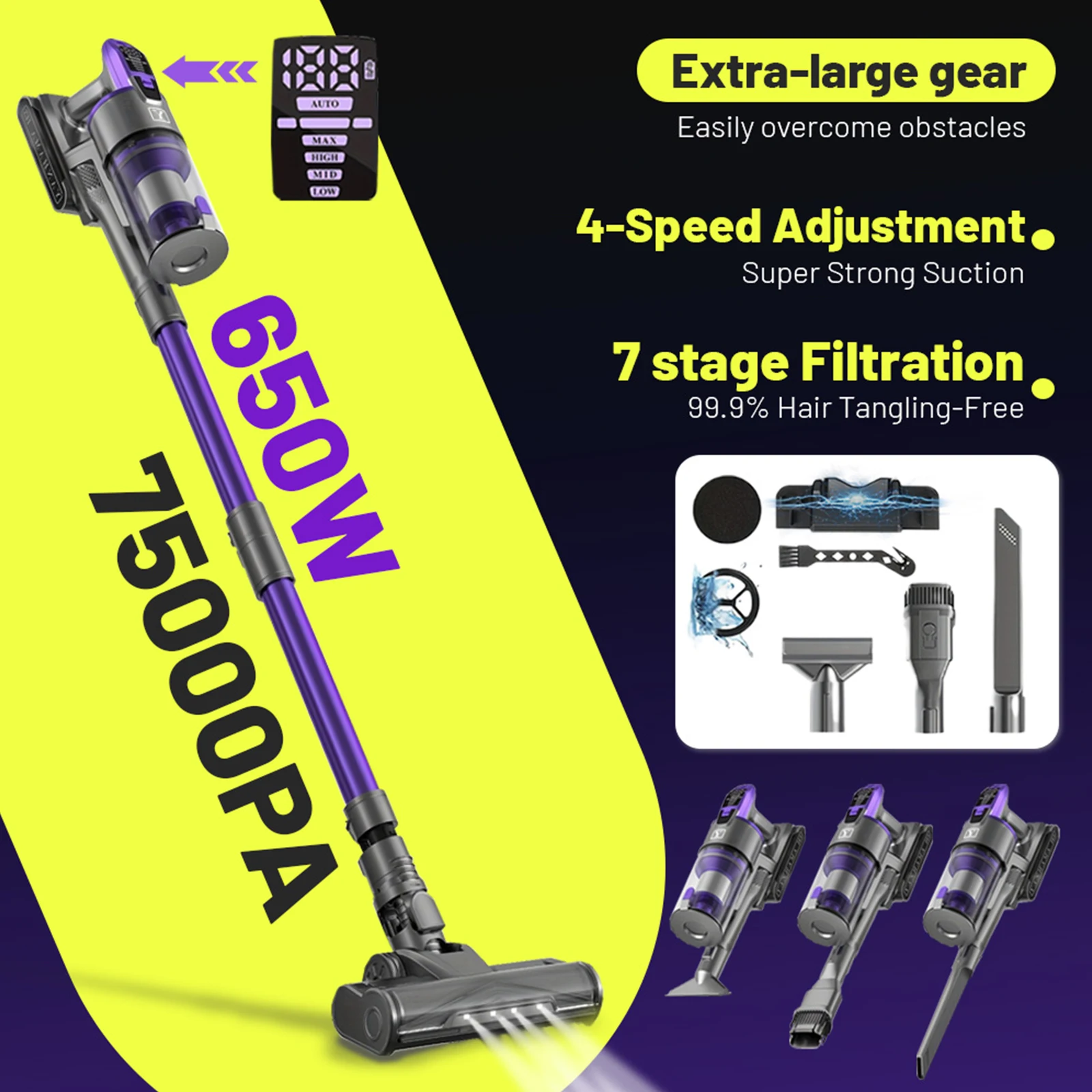 Aspiradora inalámbrica Yanhama 75000PA/650W con filtro HEPA - 7 filtración, 4 modos de succión, aspiradora de mano liviana
