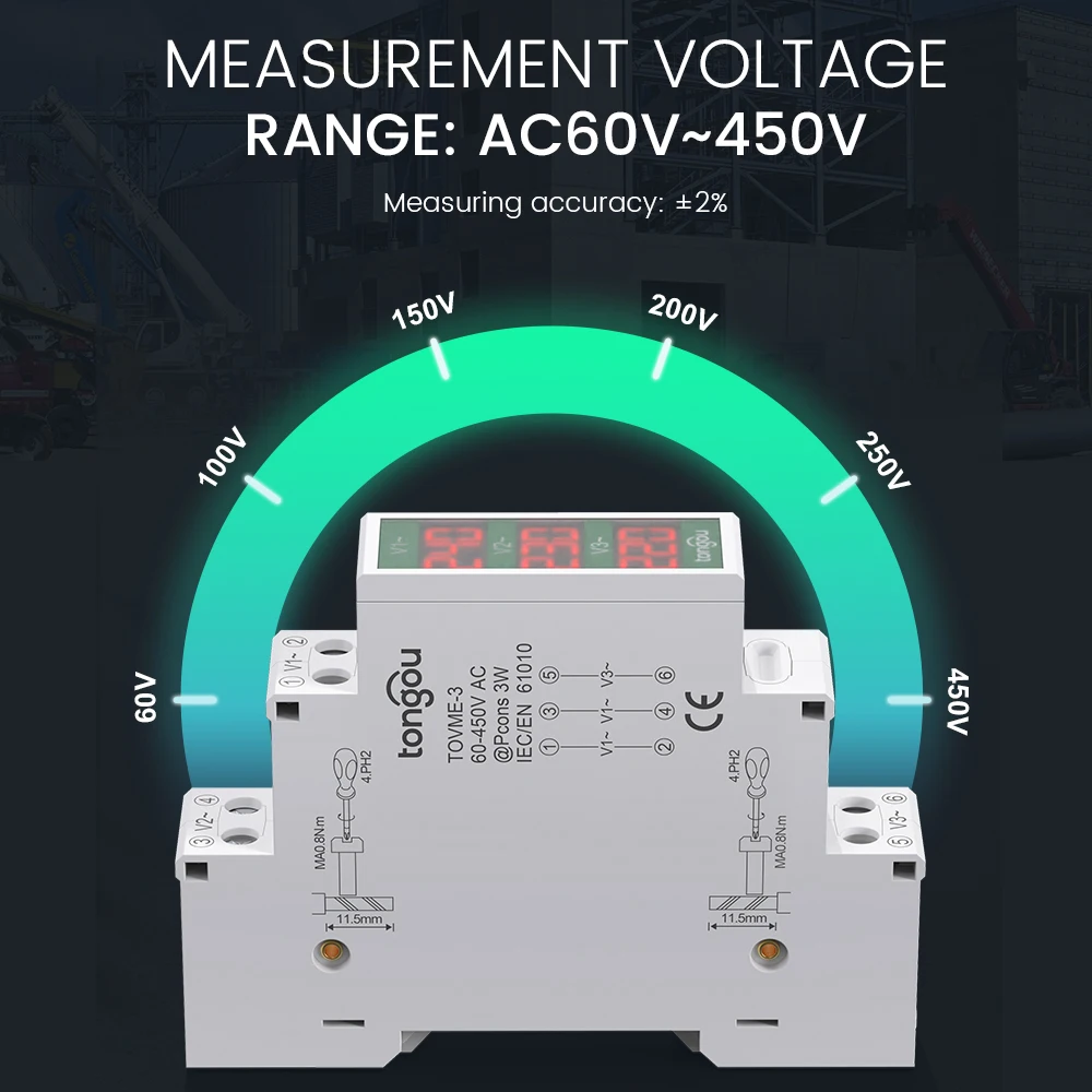 Din Rail Mount Three Phase Voltage Meter Ac 80-500V Mini Modular  Voltmeter Gauge Indicator LED Digital Display TONGOU