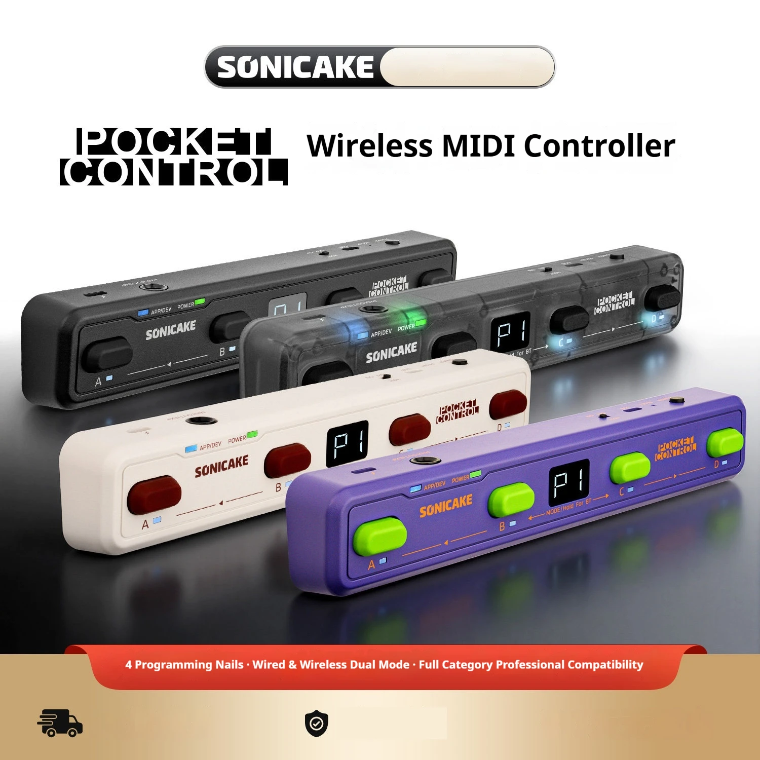 SONICAKE Pocket Control Wireless Bluetooth MIDI Controller 4 Programmable Footswitches Portable Lightweight Long Battery Life