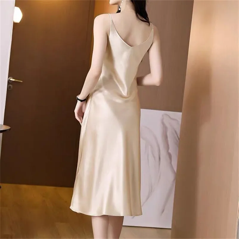 Elegante vestido longo de cetim feminino, elegante de escritório, cinta de espaguete, vestidos vintage, vestido de festa, verão