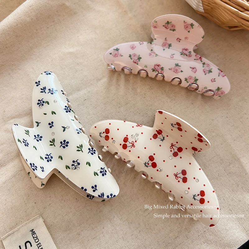 

Korean Acetate Rhinestone Hair Crab Clip Elegant Flower Fruit Print Hairpins Hair Claw Back Of Head Hair Accessories Headdress