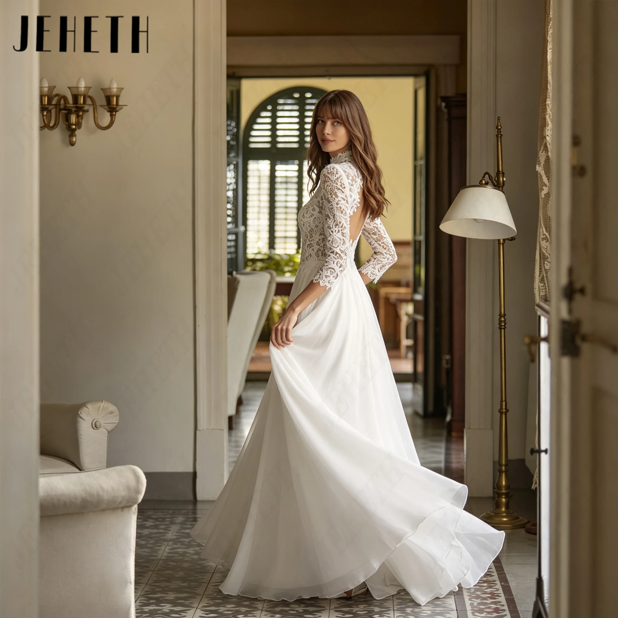 JEHETH Chiffon High Neck Lace Sleeves Wedding Dress A-Line Court Train Vintage Bridal Dresses Personalized Backless Bride Gown
