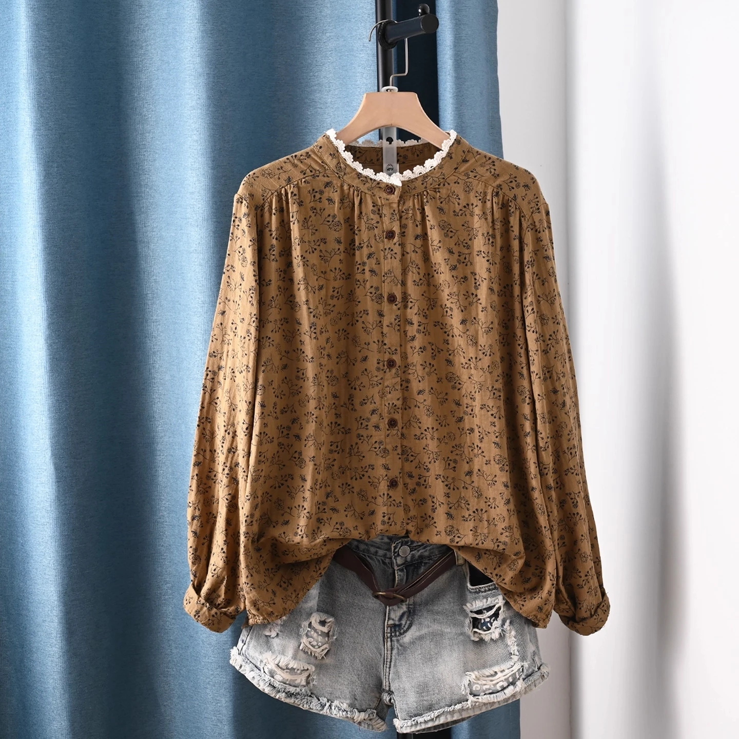 

Enianechu Designer Gray Coffee Navy Blue Print Shirts for Women Japan Fashion Soft Breathable Stand Collar Long Sleeve Tops