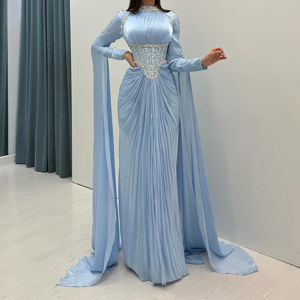 

Вечерние платья трапециевидной формы по индивидуальному заказу, длиной до пола, с высоким воротом и длинными рукавами, платье для выпускного вечера, модное платье со складками и кристаллами, простое драпированное вечернее платье