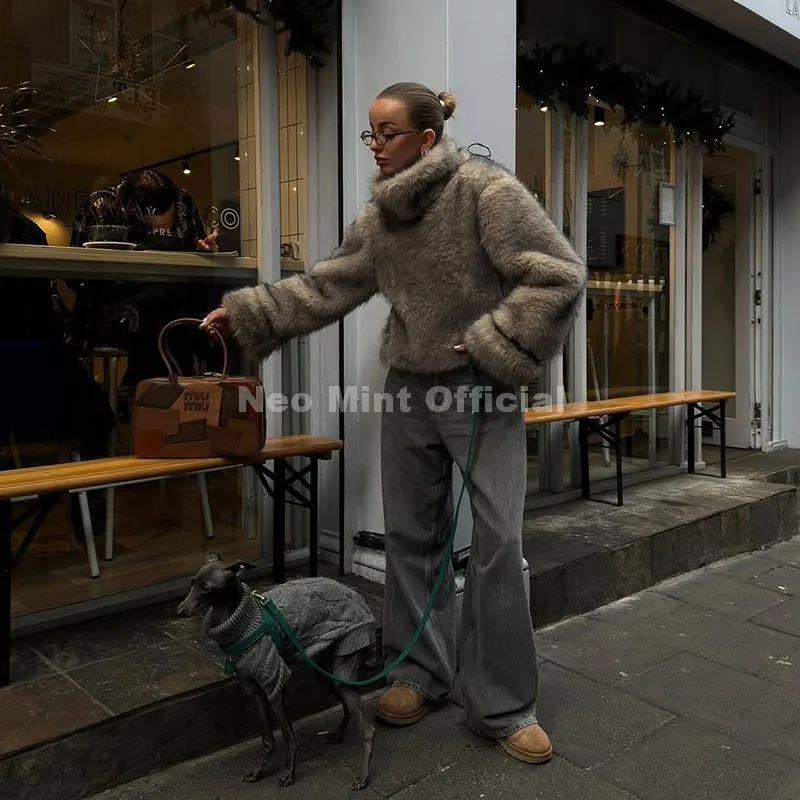 Neo Mint 2025 Autumn Winter Fluffy Faux Fur Pullovers Women Blogger Fashion Eco Fox Fur Jacket Coat Street Girls Thick Jumper