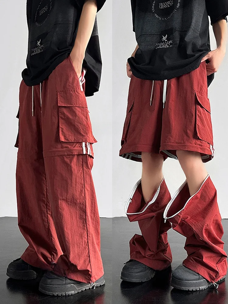 Detachable Workwear Pants Men's Summer Thin Ice Silk Loose Wide Leg Casual Shorts Tactical Shorts Street Style High Waist