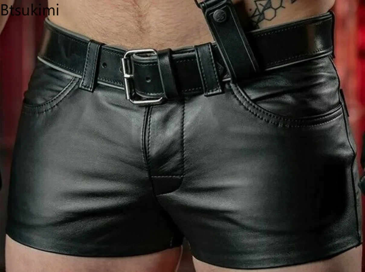 Plus Size 4XL 5XL Men\'s PU Leather Shorts Solid Casual Mens Short Pants Spring Summer Men Fashion Punk Style Black Shorts Male