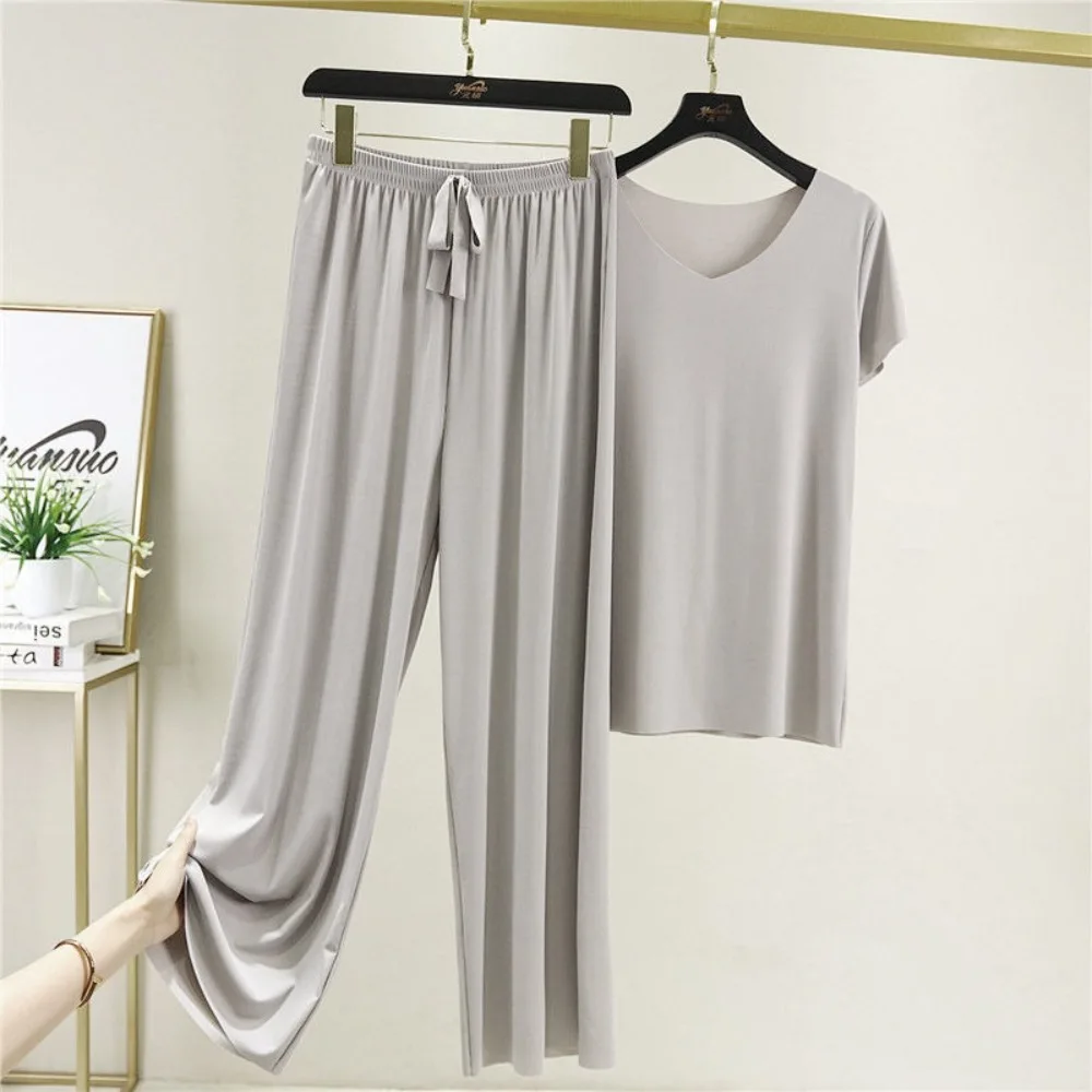 

Trendy Summer T-shirt Pants Set Loose Elastic Waist Women Ice Silk Top Trousers Set Stretchy Waist Summer T-shirt Pants Set