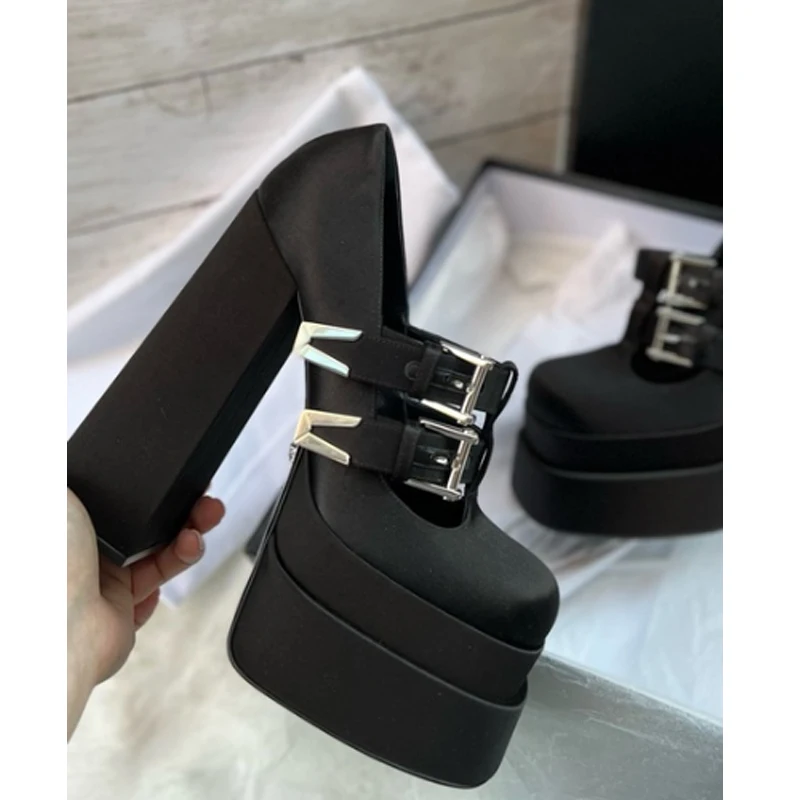 

Black Satin Platform High Heels Mary Janes Double Buckles Straps Gothic Punk Style Chunky Heel Pumps for Women Party Shoes