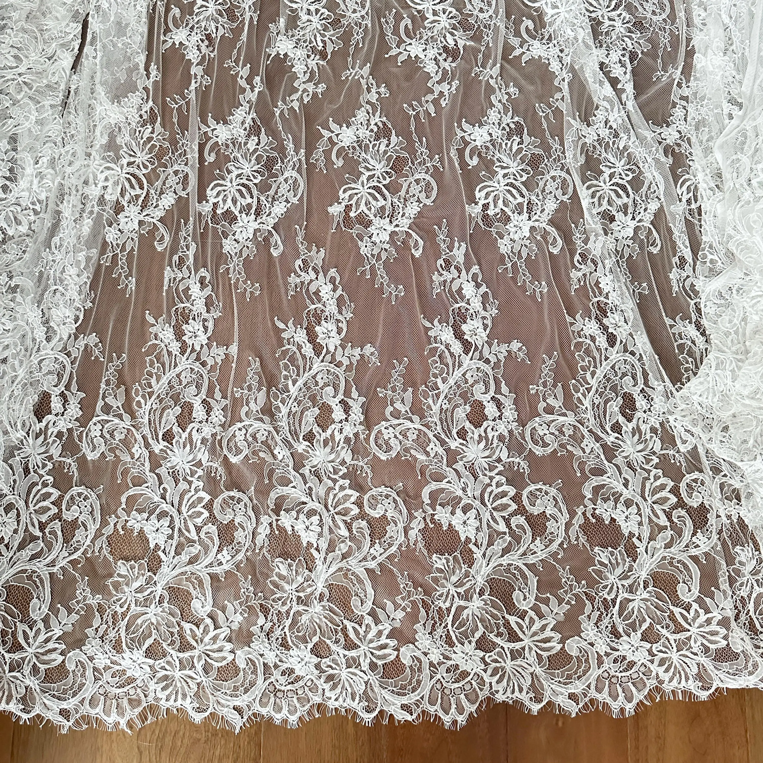 Classic French Hand Made Alencon Lace Fabric , Matte Thread Cord Wedding Gown Fabric
