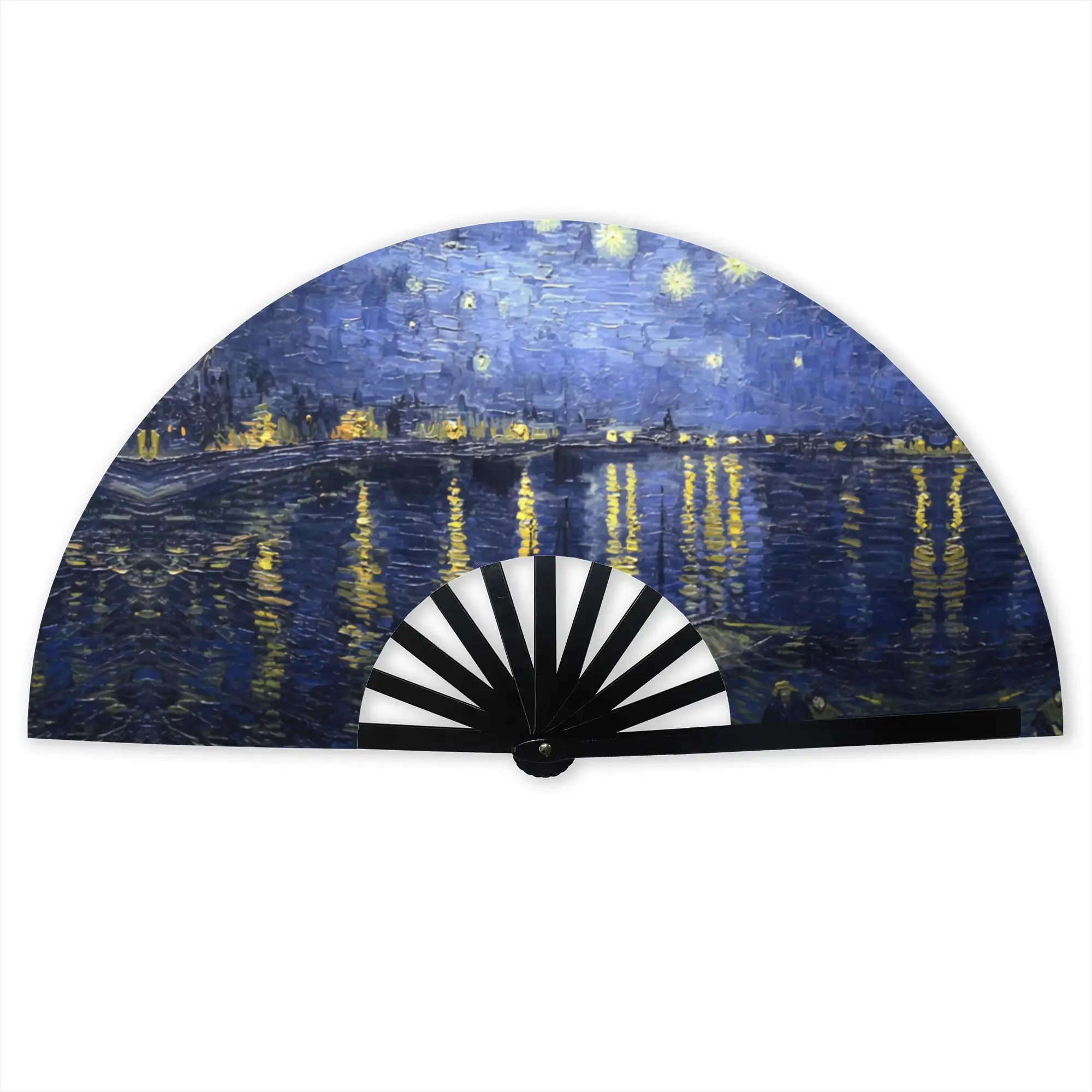 Van Gogh Starry Night Portable Pocket Fan Outdoor Over The Rhone Folding Fan Chinese Dance Cooling Handheld Fans