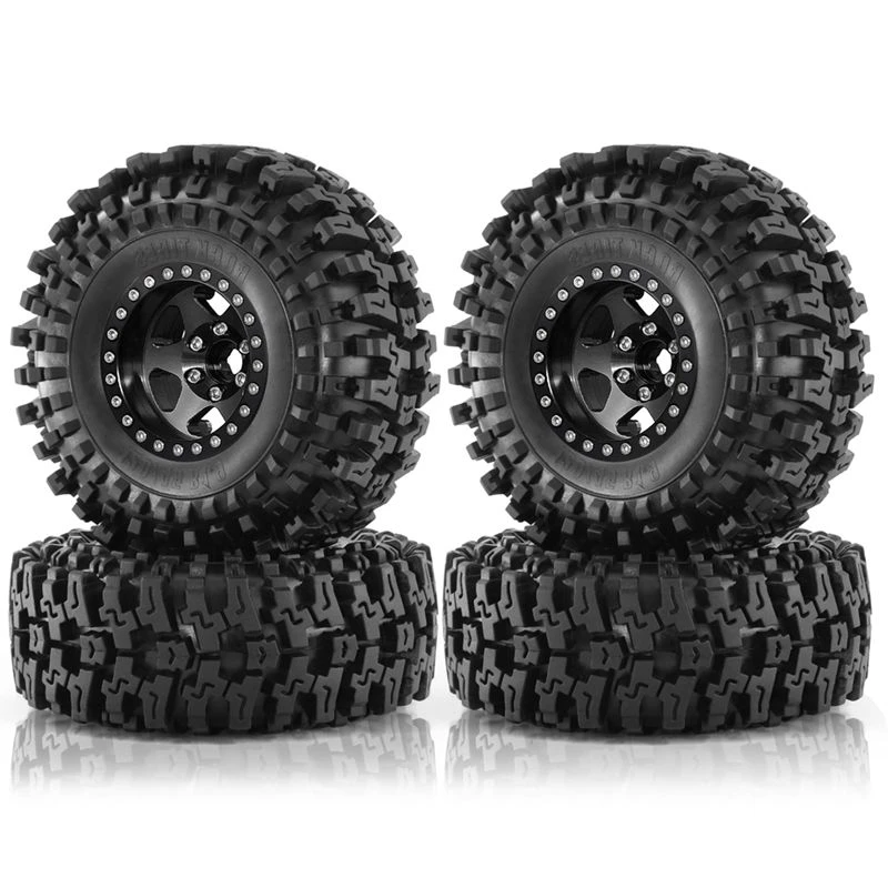 WOWFU-4Pcs 120Mm 1.9Inch Metal Beadlock Wheel Rim Rubber Tire Set For 1/10 RC Crawler Car TRX4 D90 D110 Axial SCX10, Black