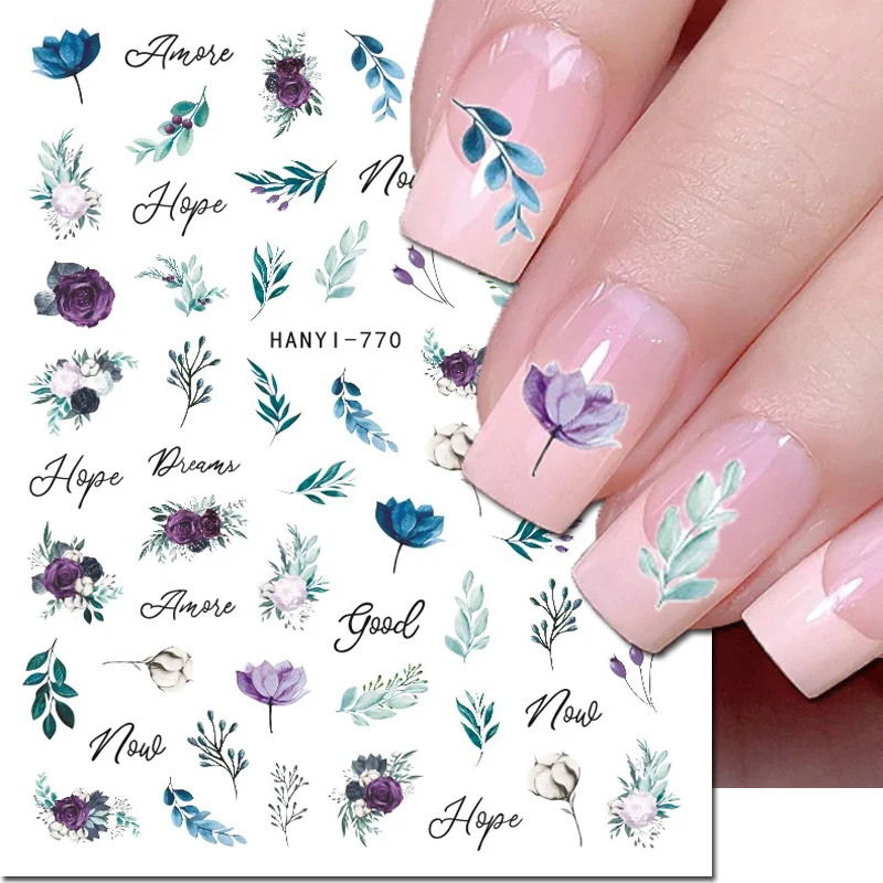 3d weiß royal blue Rosen Blumen Blätter Nail Art Aufkleber selbst klebende Schieber Nagel Aufkleber für Nägel Dekoration Maniküre Zubehör