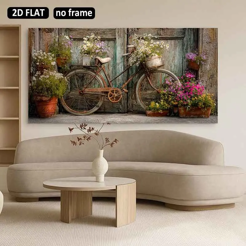 [2D Flat]1pc 23.62*47.24in/60*120cm UnFramed Vintage Bicycle with Flower Basket Canvas Wall Art Mural