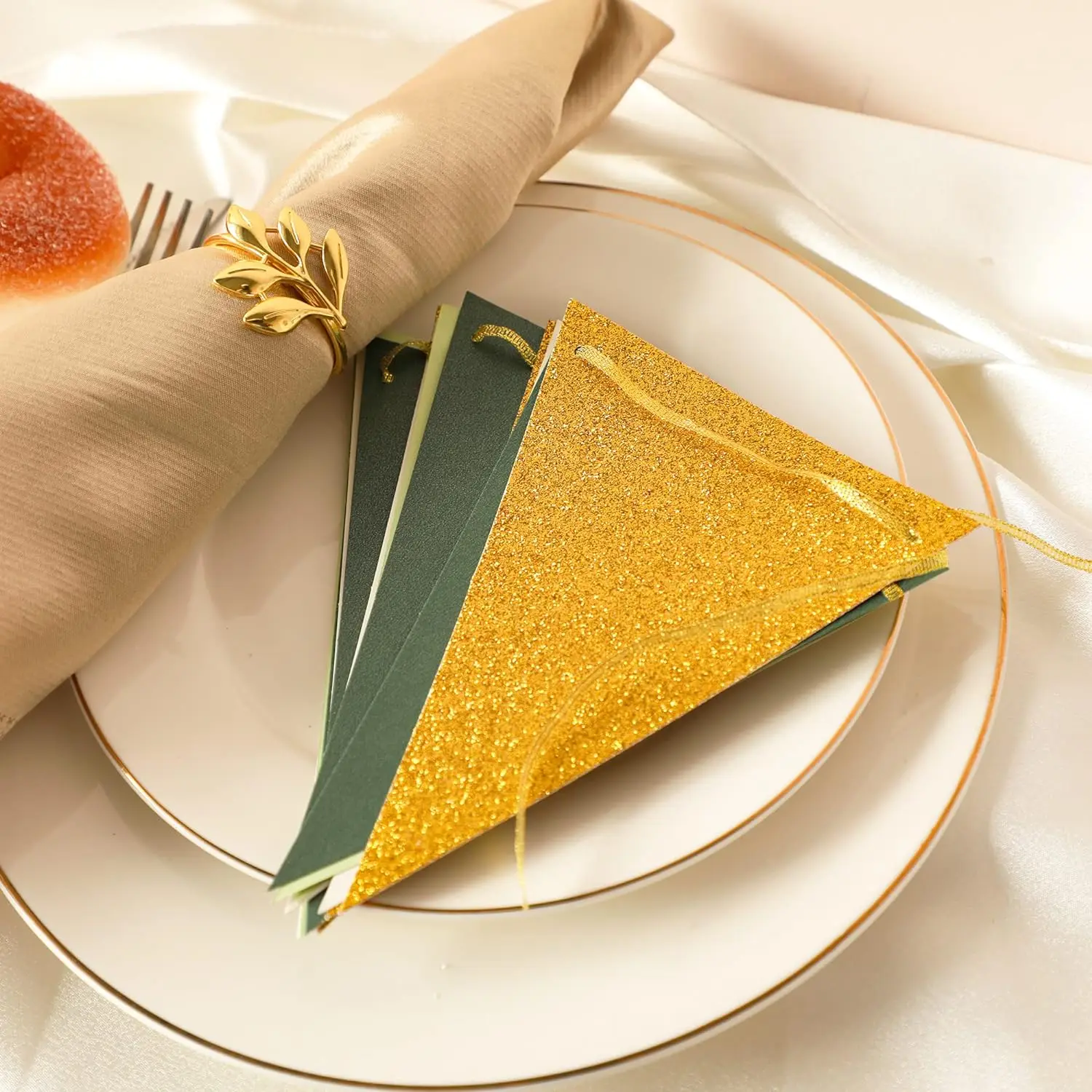 Large Gold Green(10 Feet), Paper Triangle Flags Bunting for Greenery Baby Shower Wedding Nursery Classroom Birthday Party