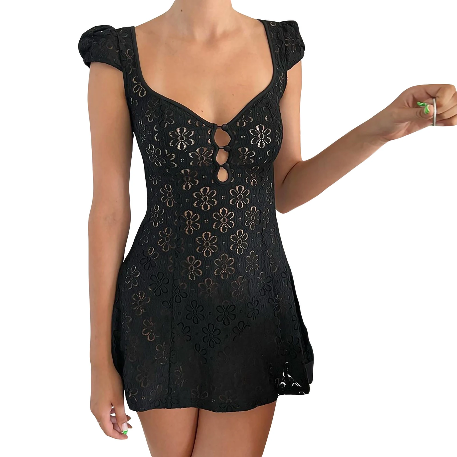 Yiiciovy Women Bikini Dress Sarong Beach Wrap Tunics Beach Cover Ups Summer Lace Short Sleeve Hollow Out Swimwear Mini Dress — zdjęcie 5