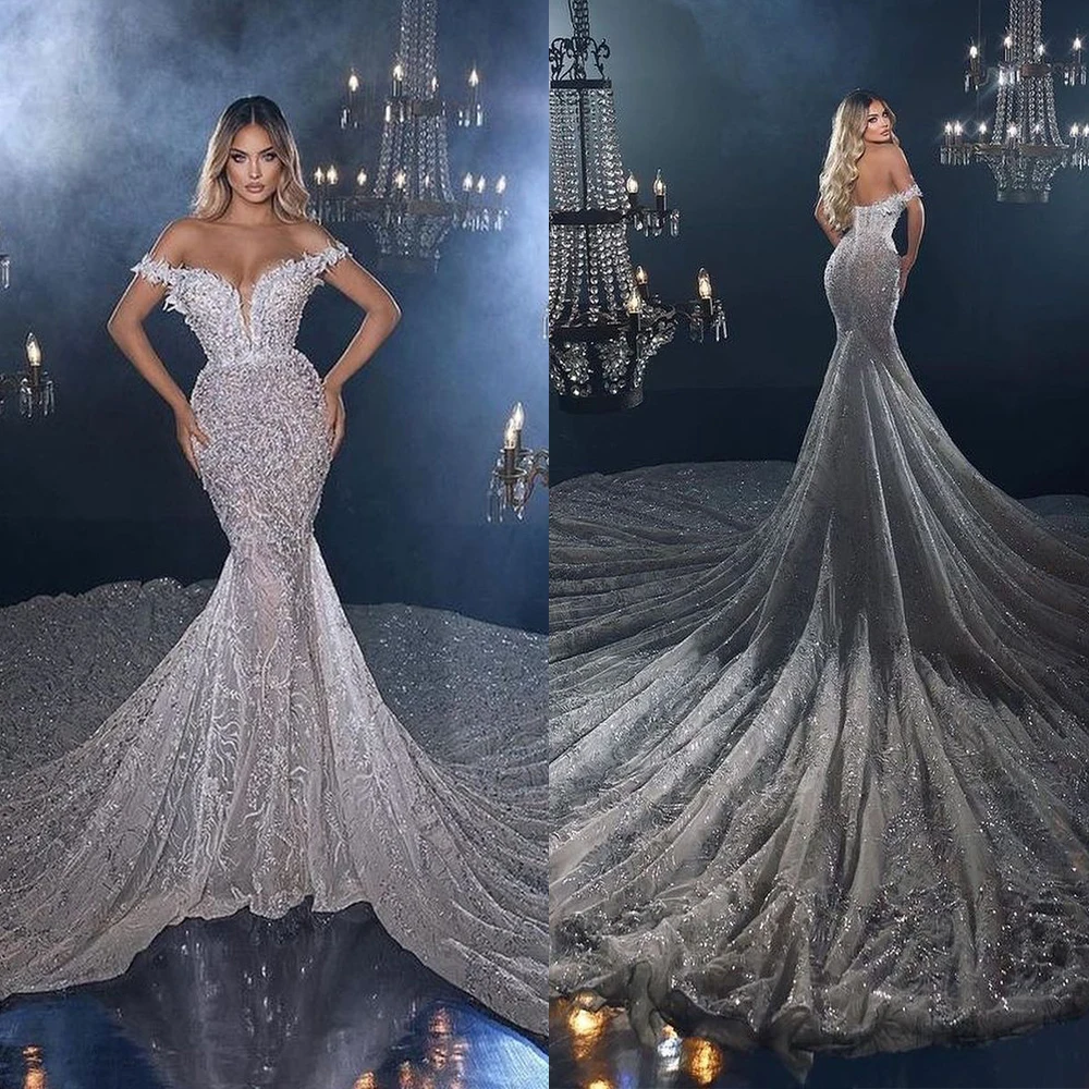 

Exquisite Tulle Mermaid Wedding Dresses 2022 Sexy Deep V-Neck Appliques Shine Sequins Bridal Gown Brush Train Robe De Vestido