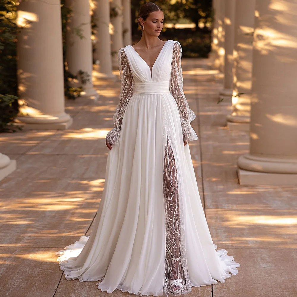 

Elegant A-Line Chiffon Wedding Dresses High Quality Customized V-Neck Pleats Lace Long Sleeves Bridal Gowns with Side Slit 2026