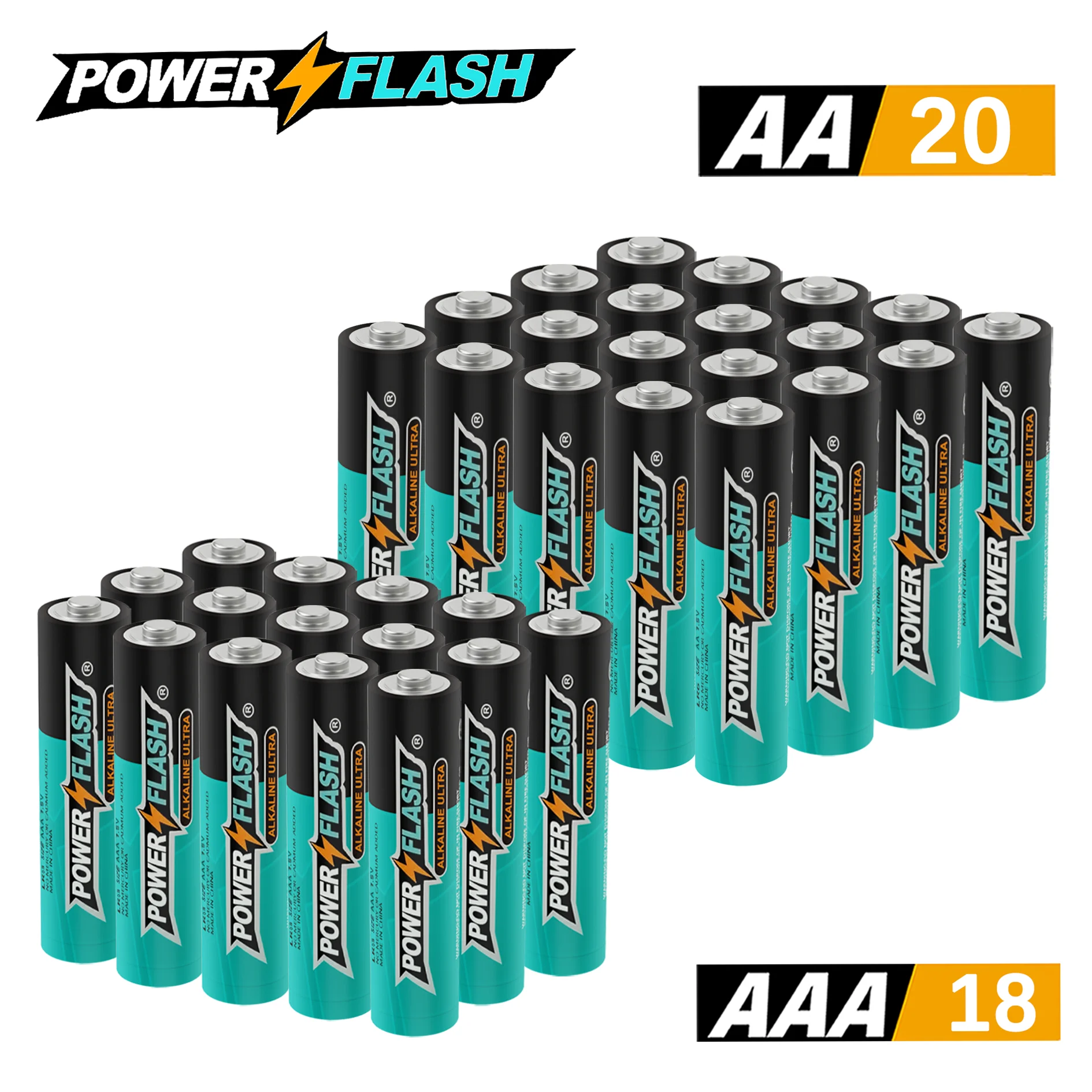 

Powerflash Aaa18 Aa20Pack Batteries Power, Leak-Resistant Design, 15-Year Freshness Guarantee, Alkaline Premium Batteries