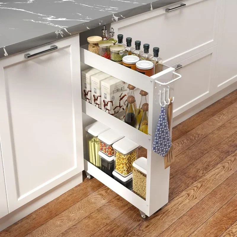 

Slim storage cart for narrow spaces in kitchens, bathrooms and laundry rooms