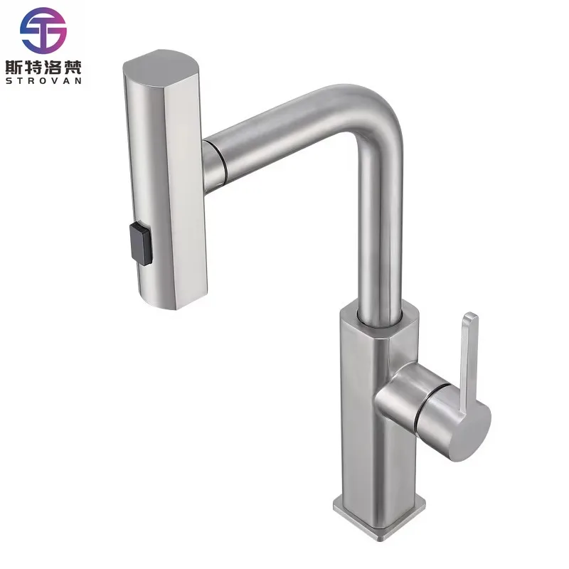 

Contemporary Kitchen Stainless Steel Brushed 1 Handle Flexible Pull-Down Spray Faucet