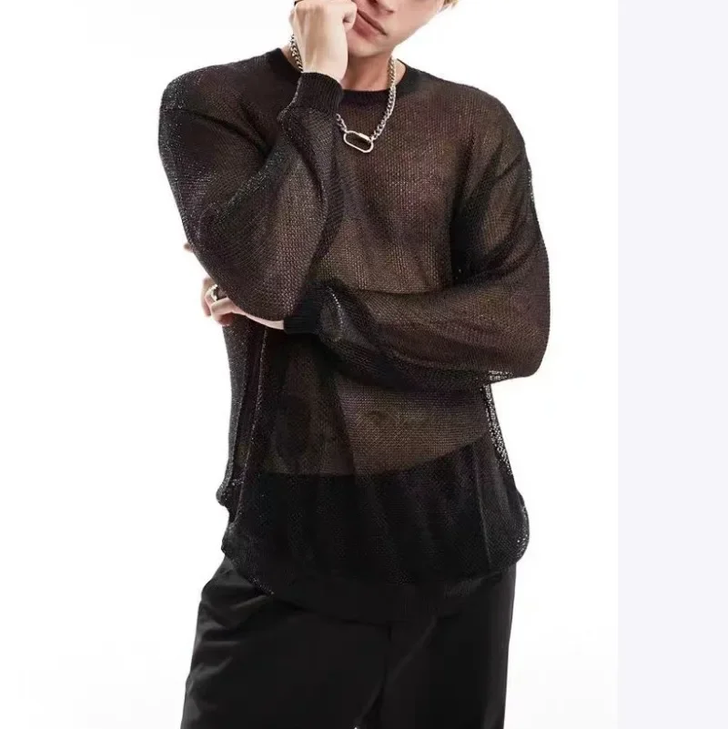 Long Sleeve Cut-out Top Sheer T-shirt Masculine Nightwear Breathable Mesh Base Layer Mens Knitwear