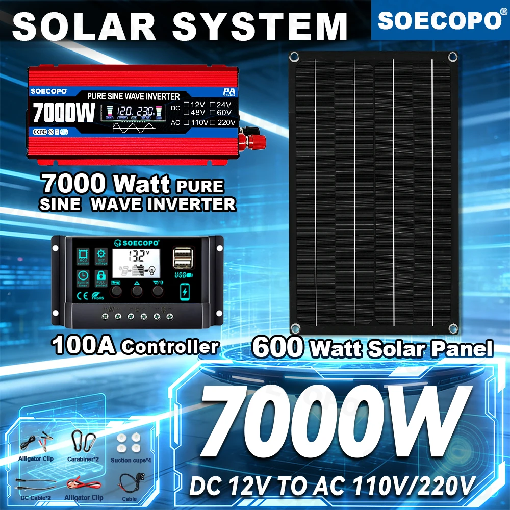 

SOECOPO 7000W Peak Solar System Kit Pure Sine Wave Inverter 12V To 110V/220V 600W Panel 100A Controller for Camping Home RV