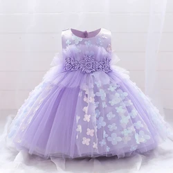 Vestido de princesa de encaje con lazo para niñas, ropa de fiesta, color blanco, flor de verano, bautismo, 1er cumpleaños