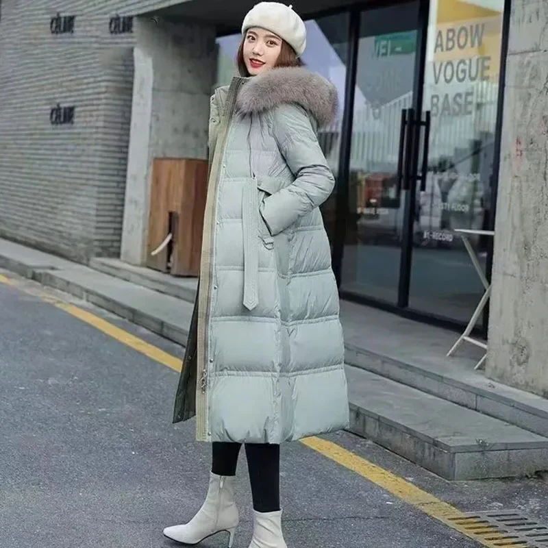 New Women's Large Hair-Collar Down Jacket Long Winter Coat Female Korean White Coats Snow Hooded Parker Overcoat Black