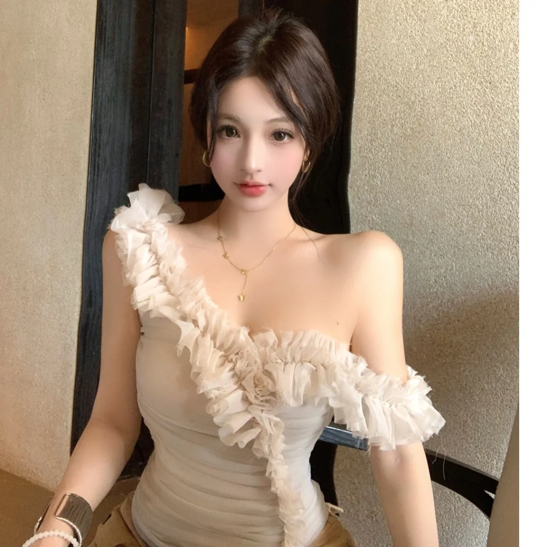 

Summer Mesh Sleeveless Vest Women's Sexy Short Top One-Shoulder Outerwear Pure Desire Spicy Girl Slimming Pure Color T-Shirt