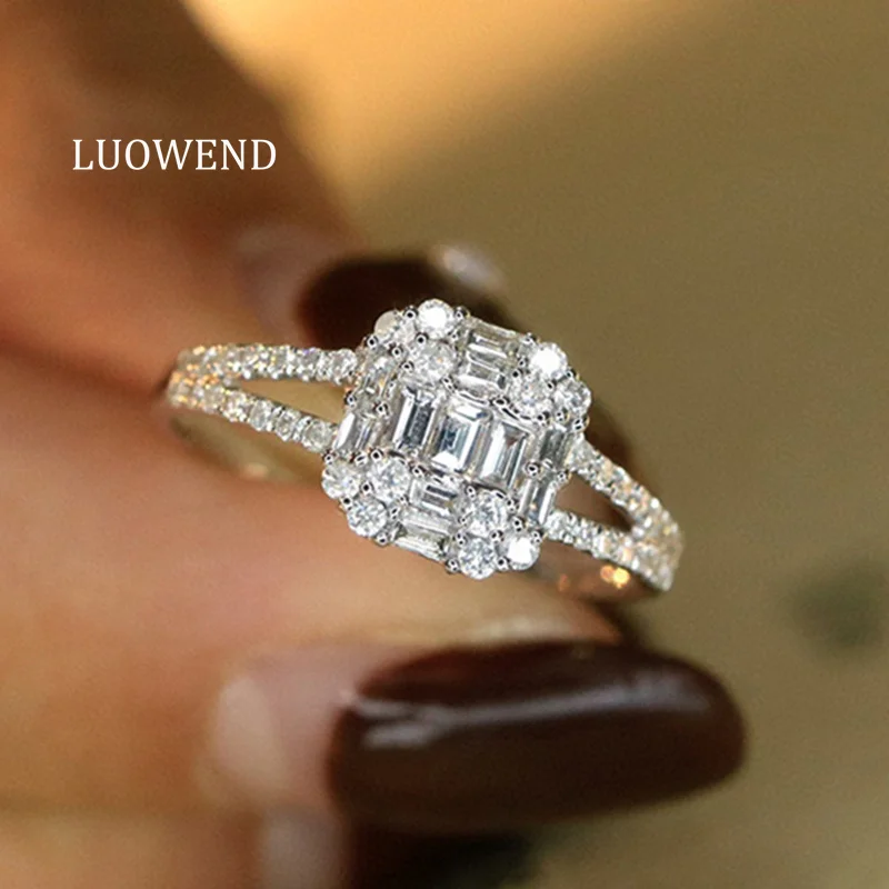 

LUOWEND 100% 18K White Gold Rings Fashion Square Shape Real Natural Diamond Engagement Ring for Women High Wedding Jewelry
