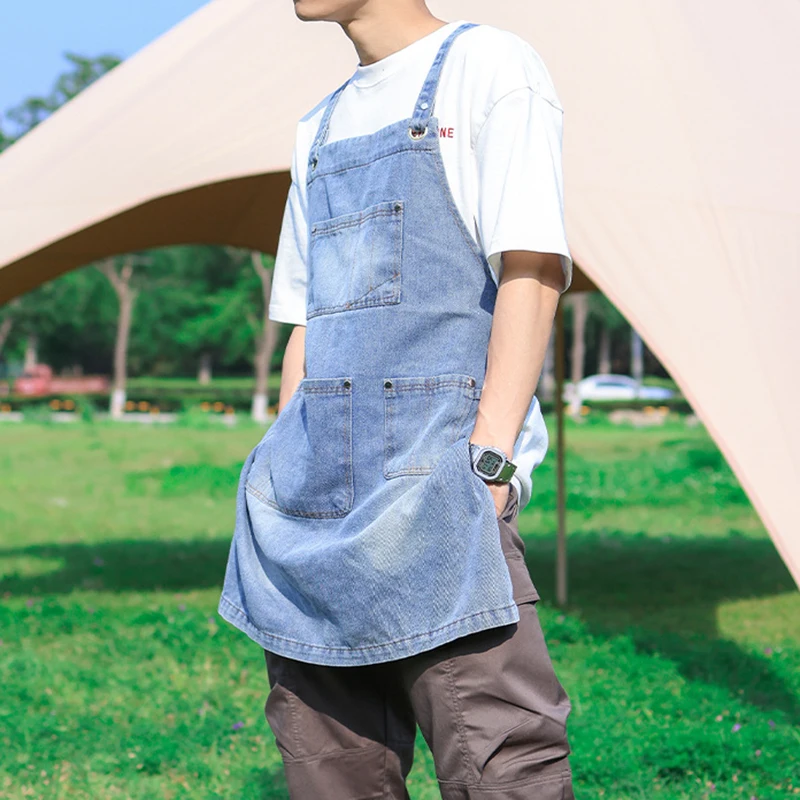 Retro Denim Apron Men\'s Fashion Work Clothes Hairdresser Milk Tea Shop Restaurant Waiter Female Kitchen Apron