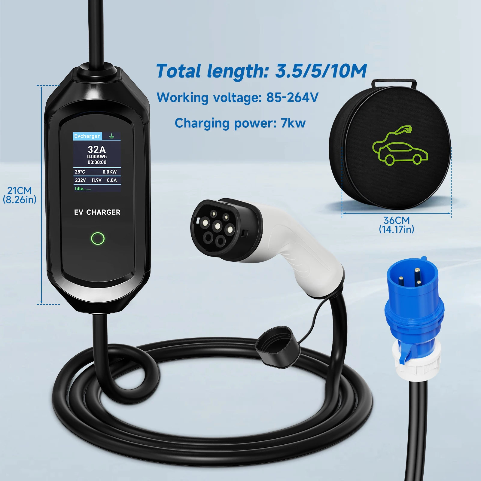 Portable EV Charger Type2 IEC62196-2 Cable 32A 7KW with CEE Plug Type1 J1772 EVSE Charging Box GBT Wallbox for Electric Vehicle