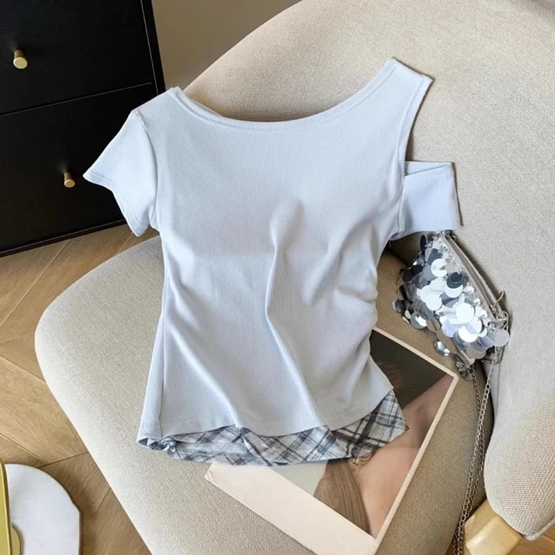 Girls Off Shoulder Fake Two Piece T-Shirt Short Sleeve Summer Kids Top Slim Fit Color Block Splicing Tee for Big Girls Age 7-14​ view 3