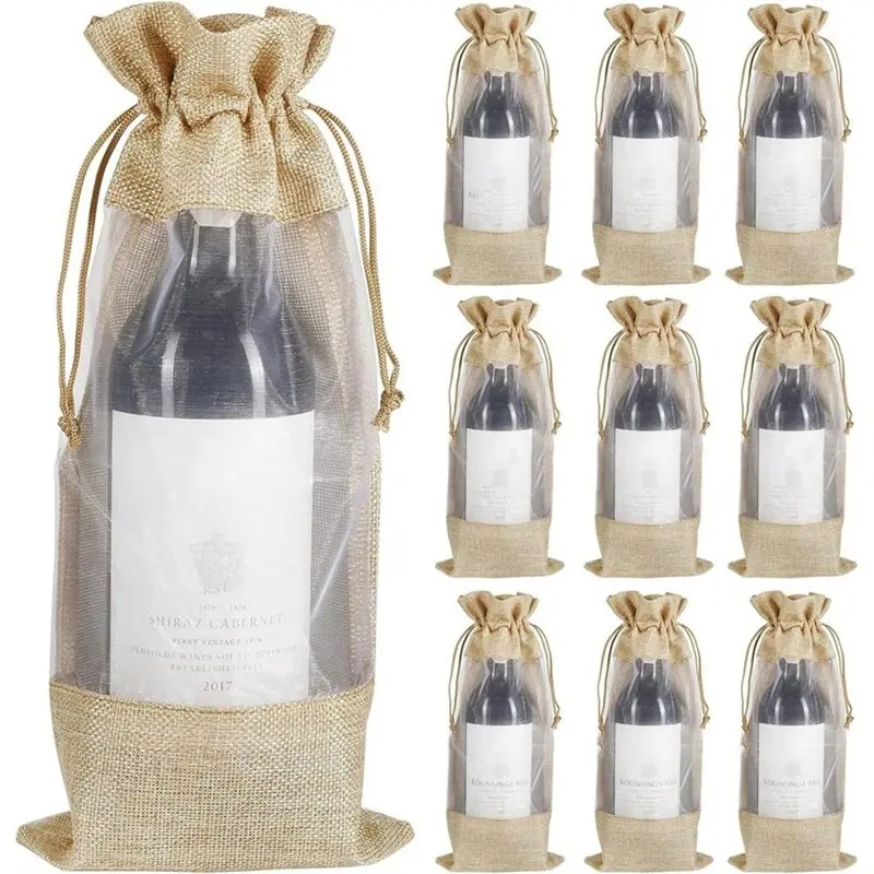 MOPHE-10Pcs Wine Gifts Bag, Burlap Drawstring Wine Bag