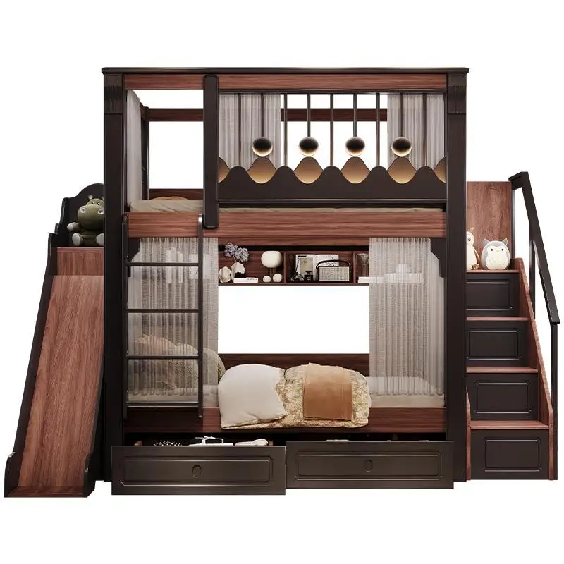 French retro style bunk bed full solid wood luxury castle bed villa medium antique style high and low bed