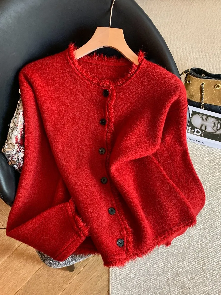 

Cisas Aosphere Tassel Knitted Open Cardigan Women's Autumn Winter Red Sweater Coat Soft Thi Long Sve round Ne