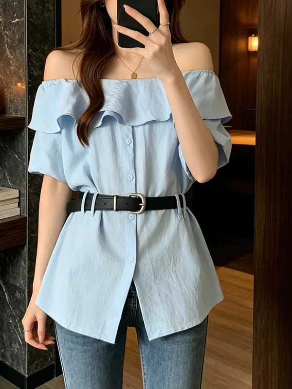 

Slimming Effect Summer New plus Size Women's Shirt with Ruffle Hem One Shoulder Short Sleeve Versatile Age Reduction Slimming