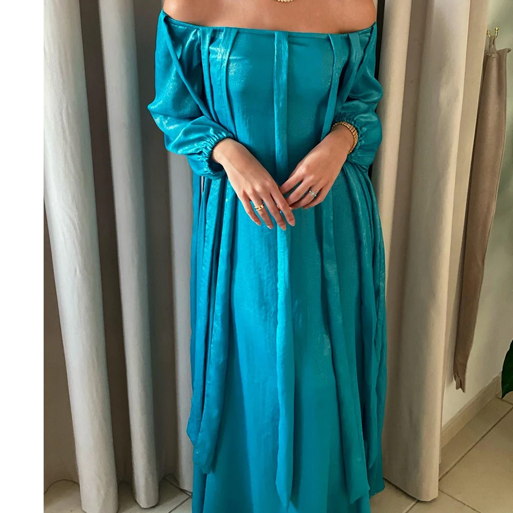 Customized Satin Straight Off the Shoulder Tassel Evening Dress Boat Neck Floor Length Long Sleeves Solid Color Exquisite