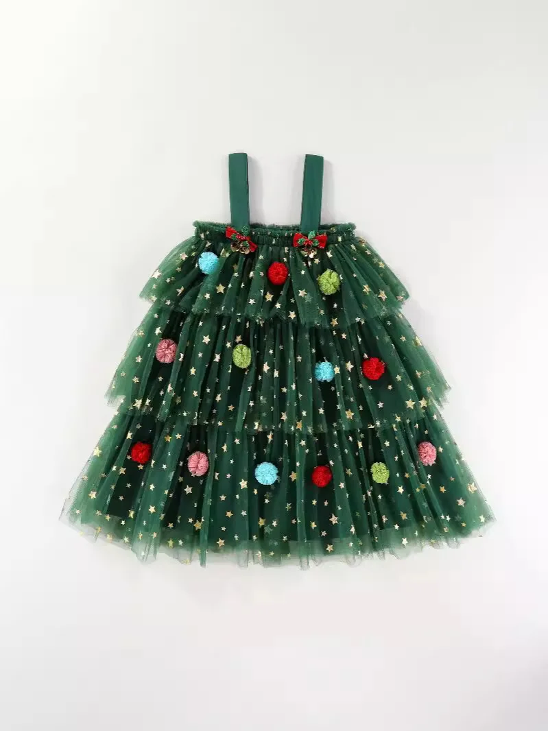 

2025 New Christmas Girls Dress Kids Puffy Camisole Dress Christmas Tree Star Embroidery​ Girls Dress