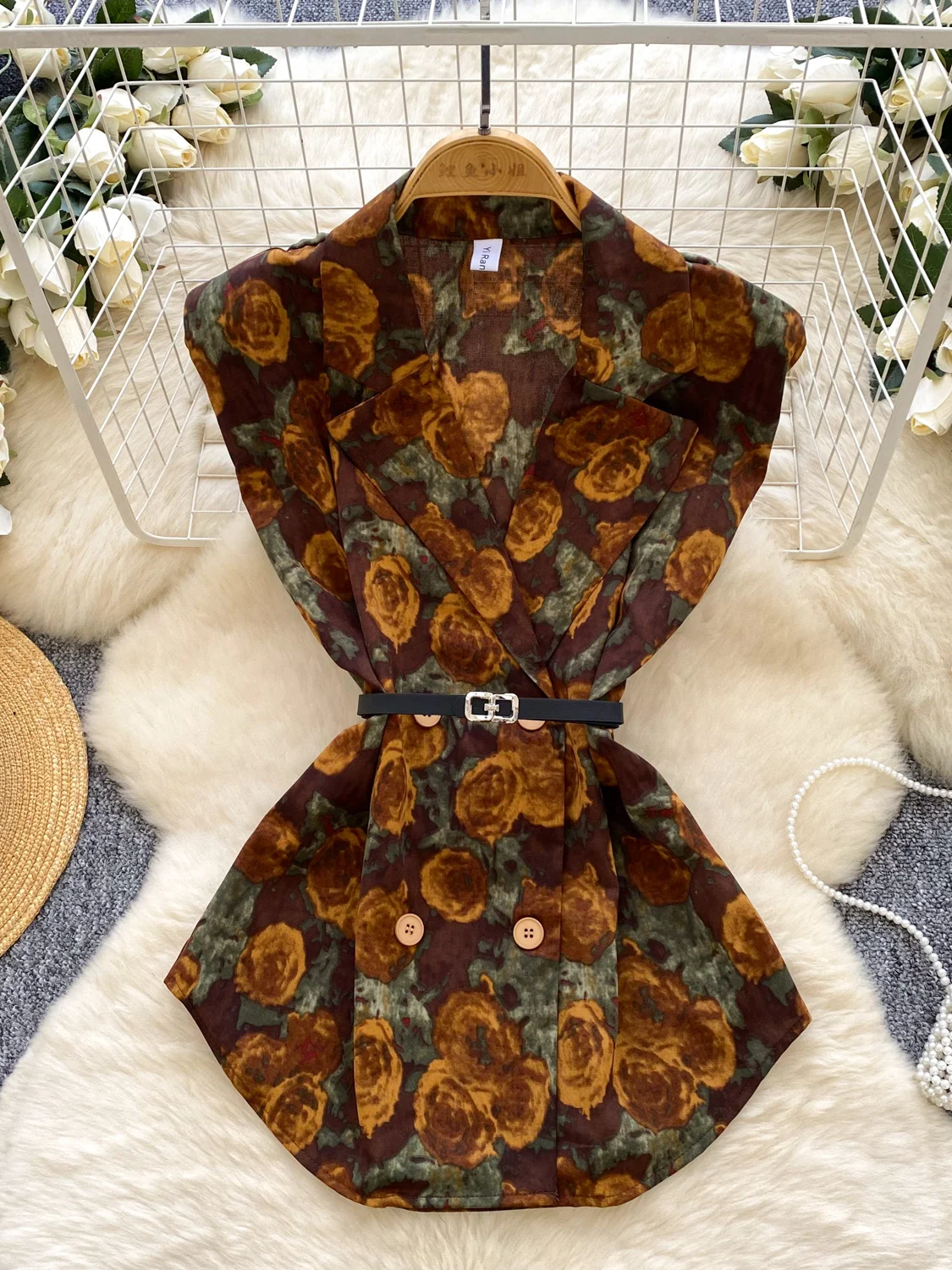 

Ele Tie Waist Suit Collar Svel Women's irt Summer High-End Feel Unique Sle Floral Print Open Cardigan