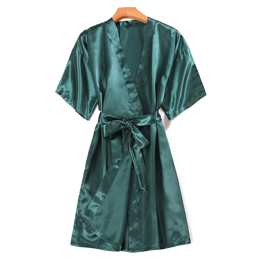 

Fashion Women Pajamas Robe Ladies Kimono Satin New Ice Silk Summer Sexy Cardigan Bathrobe Homewear Solid Nightgown with Belt