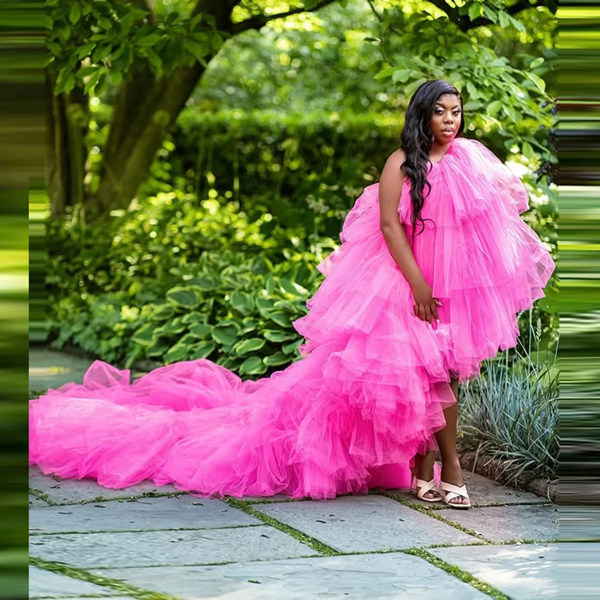 

Потрясающее вечернее платье на одно плечо из фатина с шлейфом для африканских девушек, многоярусное пышное женское платье из фатина, Robe De Soiree